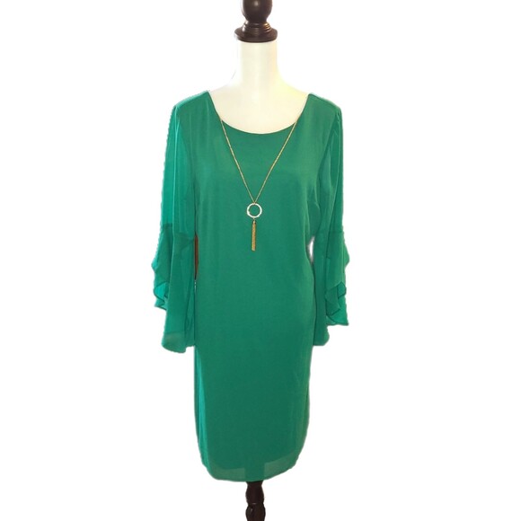 Thalia Sodi NWT Emerald Green Bell Sleeve Shift Dress & Necklace, Size L (12-14) - Picture 1 of 7